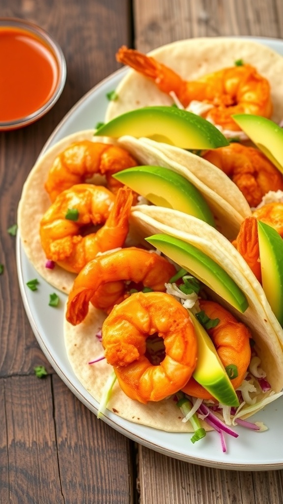 Crispy bang bang shrimp tacos topped with cabbage and avocado on a wooden table with sauce.